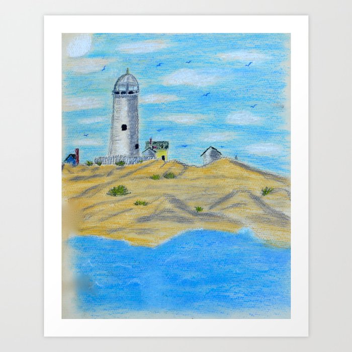 Light House and Sand Dunes in Pastel Art Print