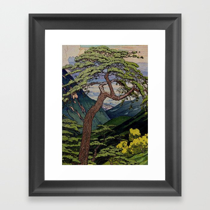 The Downwards Climbing - Summer Tree & Mountain Ukiyoe Nature Landscape in Green Framed Art Print