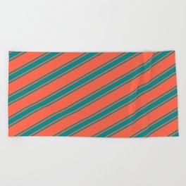 [ Thumbnail: Red & Dark Cyan Colored Lined Pattern Beach Towel ]