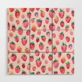 Strawberries Watercolor fruits pattern Cotton candy Pink Wood Wall Art