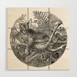 Wild Cat in The Tropical Jungle Black & White Vintage Illustration Wood Wall Art