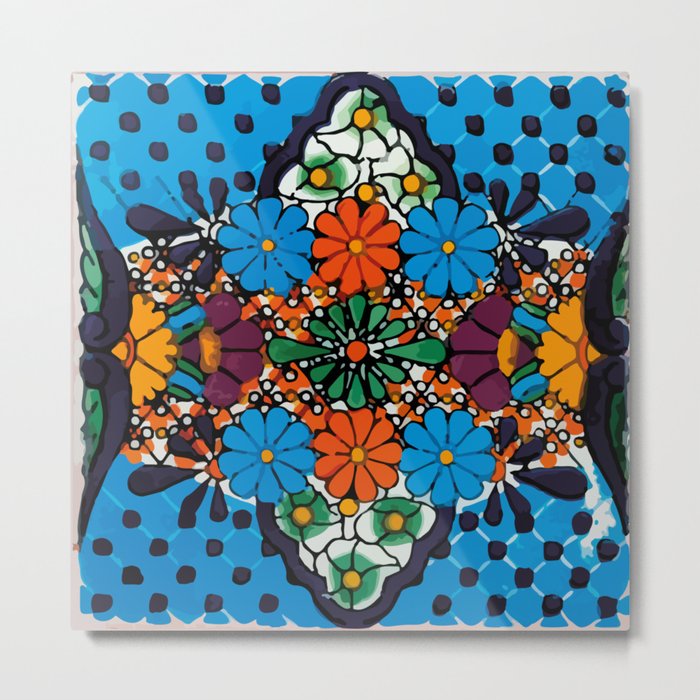 Rustic bouquet vibrant blue talavera tile baldosa Metal Print