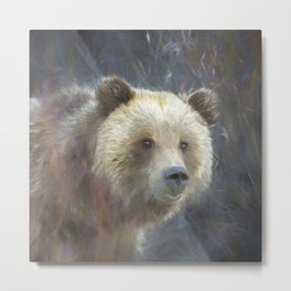 Grizzly 610, No. 2 sq. painterly Metal Print | Grandtetons, Wyoming, Bear, Painting, Willow, Yellow, Green, Multimedia, Color, 610 