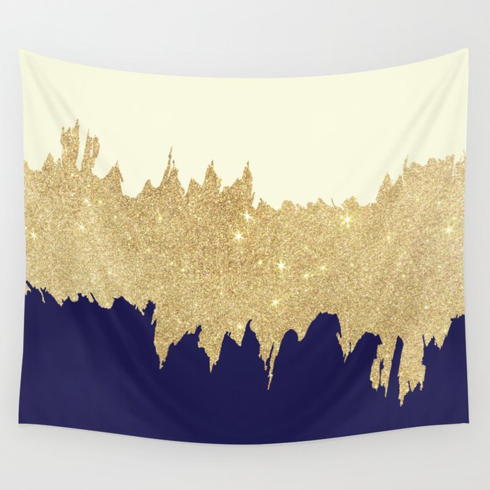 Navy blue ivory faux gold glitter brushstrokes Wall Tapestry