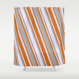 [ Thumbnail: Lavender, Chocolate, and Dark Gray Colored Pattern of Stripes Shower Curtain ]