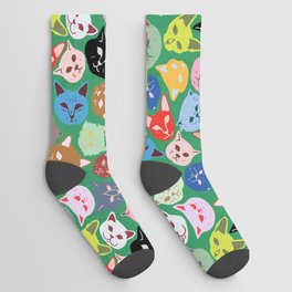 Cat Heads Pattern Socks | Digital, Green, Blue, Yellow, Drawing, Smilingcat, Angrycat, Pattern, Sewzinski, Curated 