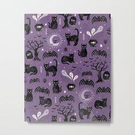 Black cats and bats, witchy things, halloween on purple Metal Print | Pattern, Cats, Drawing, Witchy, Purple, Spooky, Stars, Gothic, Halloween, Goth 