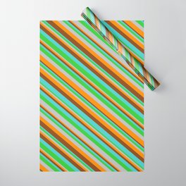 [ Thumbnail: Eye-catching Turquoise, Lime Green, Grey, Dark Orange & Brown Colored Lines/Stripes Pattern Wrapping Paper ]