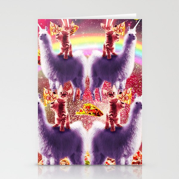 Space Cat Riding Llama, Rainbow Laser Galaxy Cats Pizza Stationery Cards
