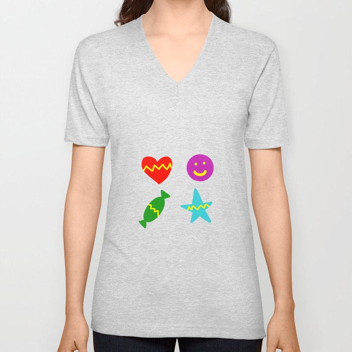 Happy Valentines Day : Heart, Star, Candy and Smile Emojie V Neck T Shirt
