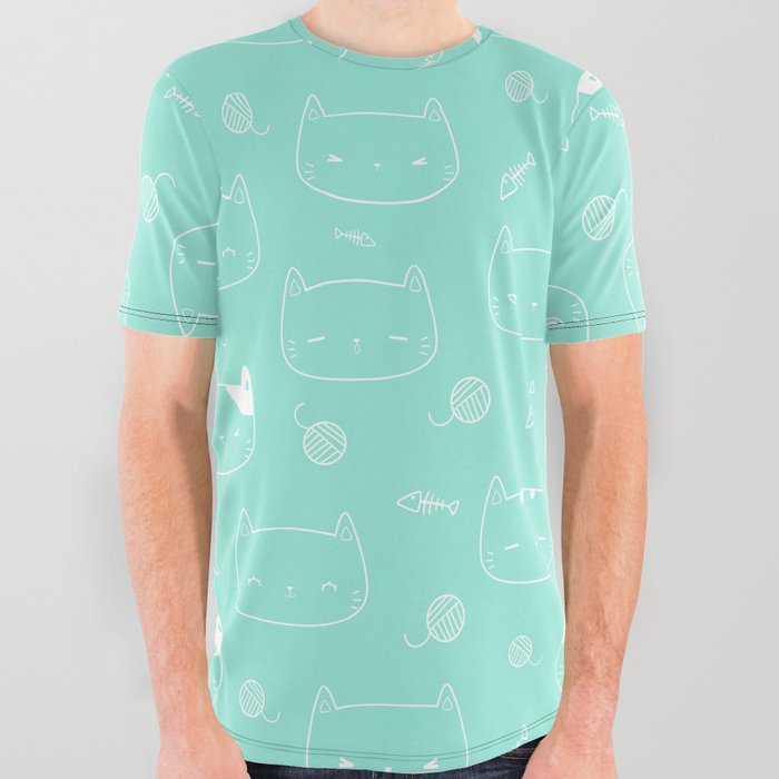 Seafoam and White Doodle Kitten Faces Pattern All Over Graphic Tee