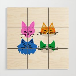 Funny colorful cat face cartoon print Wood Wall Art