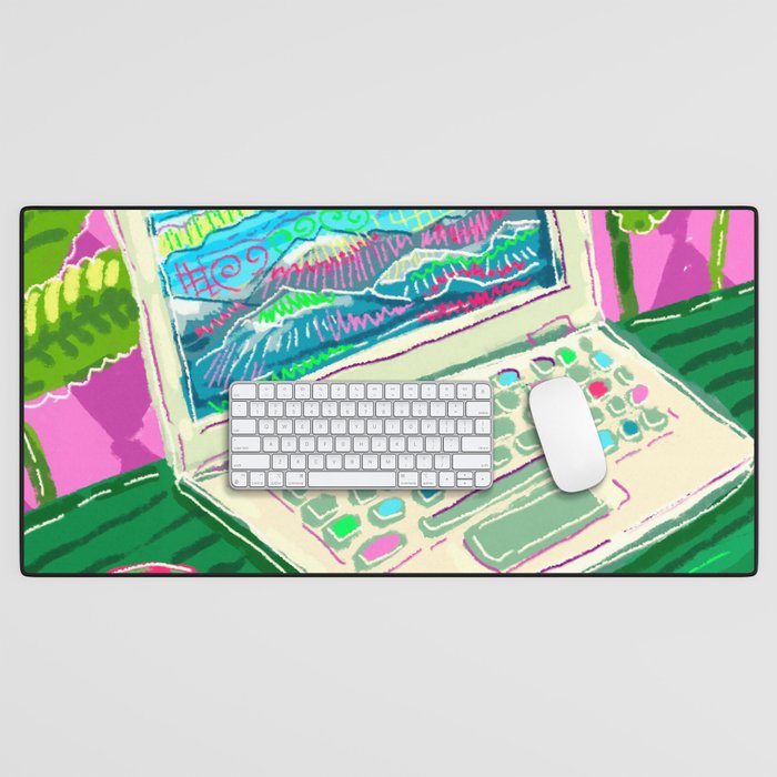 Colorful illustration with laptop and a cup of tea Desk Mat
