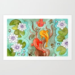 THREE FISHES IN THE LAKE WITH WATER LILIES by LISETTE Art Print