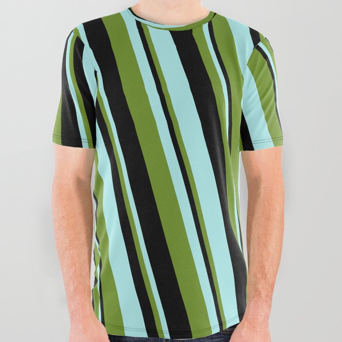Green, Black & Turquoise Colored Lines Pattern All Over Graphic Tee