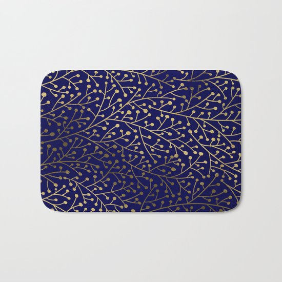 Gold Berry Branches on Navy Bath Mat