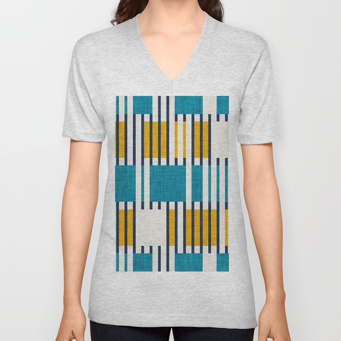 Bold minimalist retro stripes // midnight blue goldenrod yellow and teal blue geometric grid  V Neck T Shirt