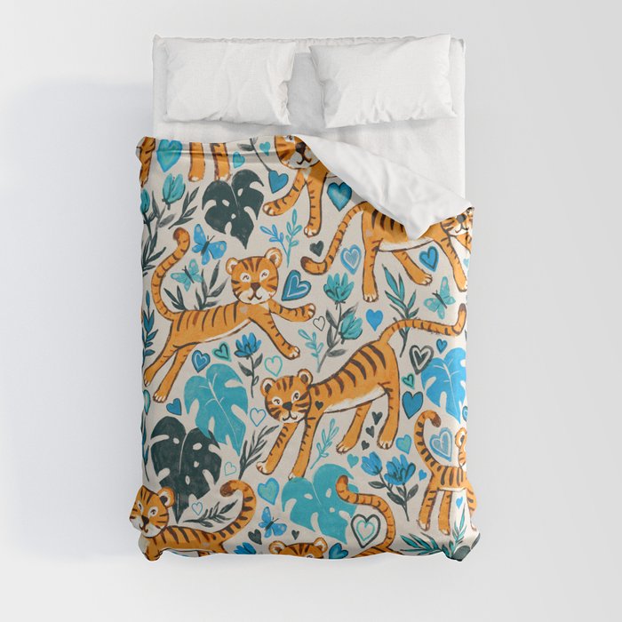 Happy Valentine Tigers in Blue Duvet Cover
