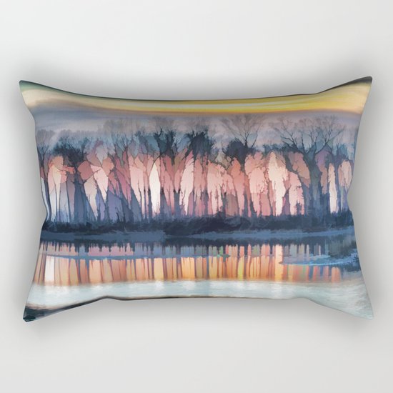 Painterly Woodland and Pond Sunset Rectangular Pillow