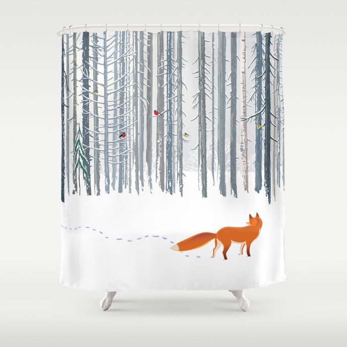 Fox in the white snow winter forest illustration Shower Curtain