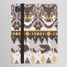 Fair isle knitting grey wolf // oak and taupe brown wolves yellow moons and pine trees iPad Folio Case