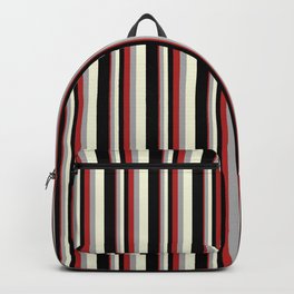 [ Thumbnail: Red, Dark Gray, Beige & Black Colored Lines/Stripes Pattern Backpack ]