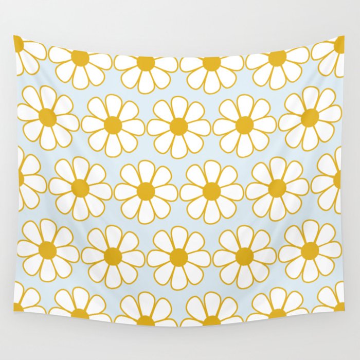 Cheerful Retro Daisy Pattern in Mustard and Pale Ice Blue Wall Tapestry