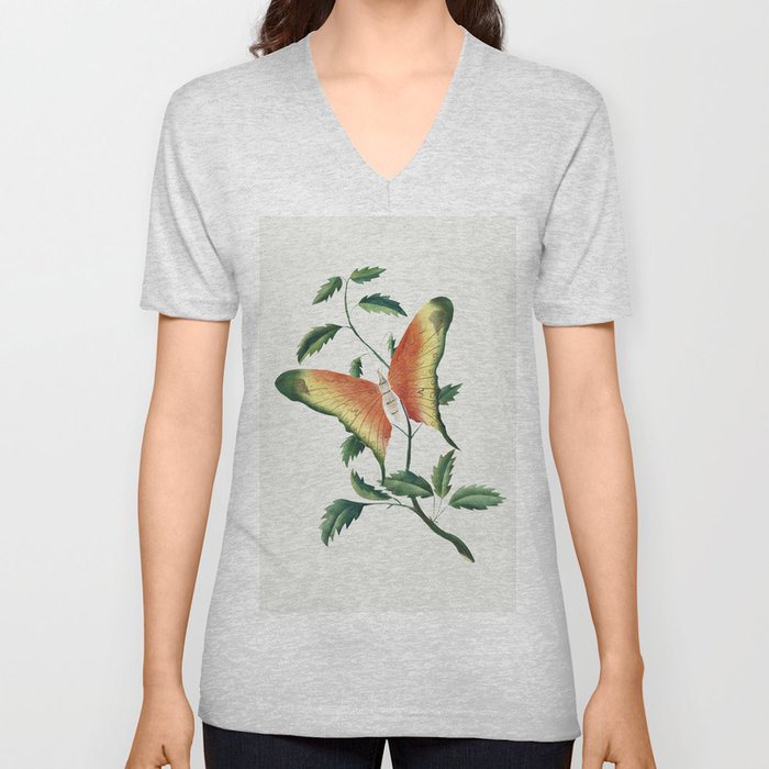 Rose Bush and Butterfly V Neck T Shirt