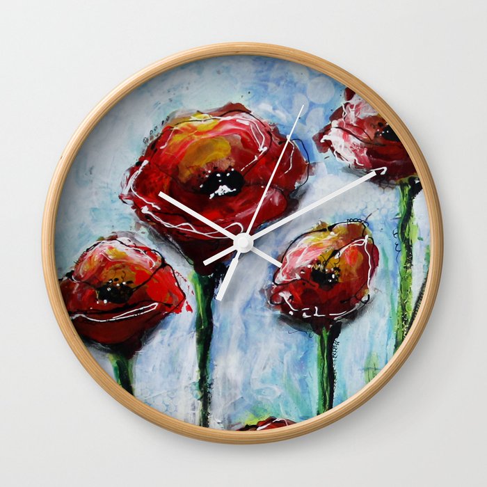 Poppies 1 in grass Wall Clock