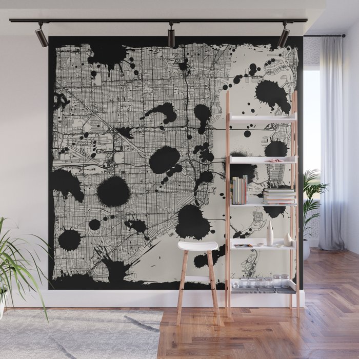 Artistic Miami Map - Black and White Wall Mural