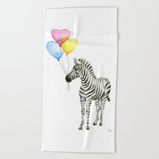Zebra Watercolor With Heart Shaped Balloons Whimsical Baby Animals Beach Towel