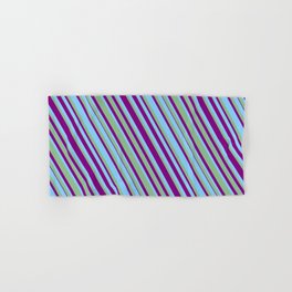 [ Thumbnail: Purple, Light Sky Blue & Dark Sea Green Colored Lined/Striped Pattern Hand & Bath Towel ]