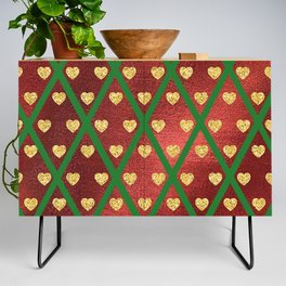 Gold Hearts on a Red Shiny Background with Green Crisscross Lines  Credenza