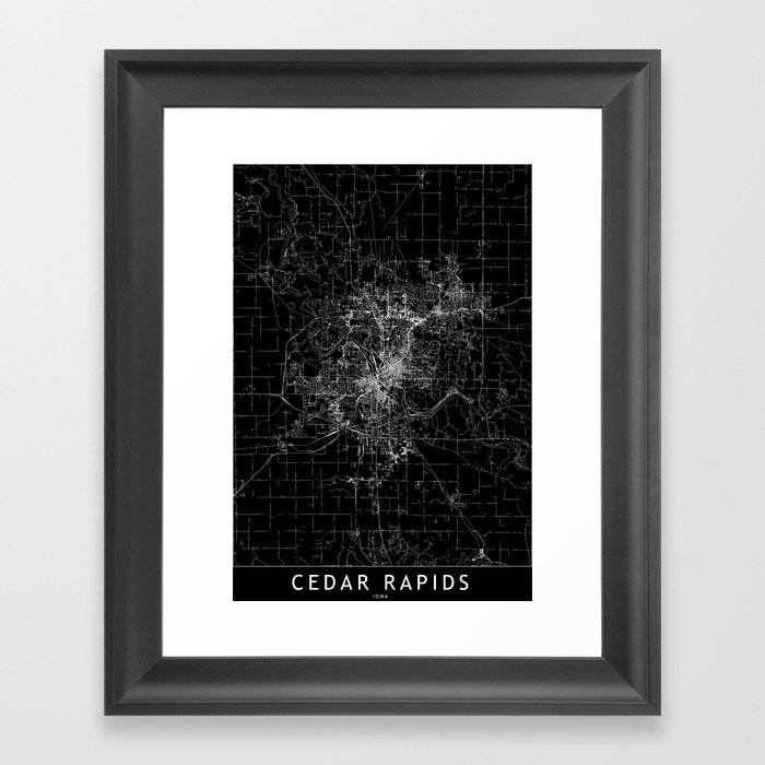 Cedar Rapids Black Map Framed Art Print