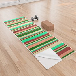 [ Thumbnail: Eye-catching Brown, Green, Beige, Dark Green & Light Salmon Colored Lined/Striped Pattern Yoga Towel ]