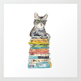 Gig tabby cat reading book library Painting Wall Poster Watercolor Art Print