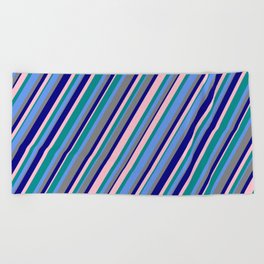 [ Thumbnail: Dark Cyan, Cornflower Blue, Grey, Blue & Pink Colored Stripes/Lines Pattern Beach Towel ]