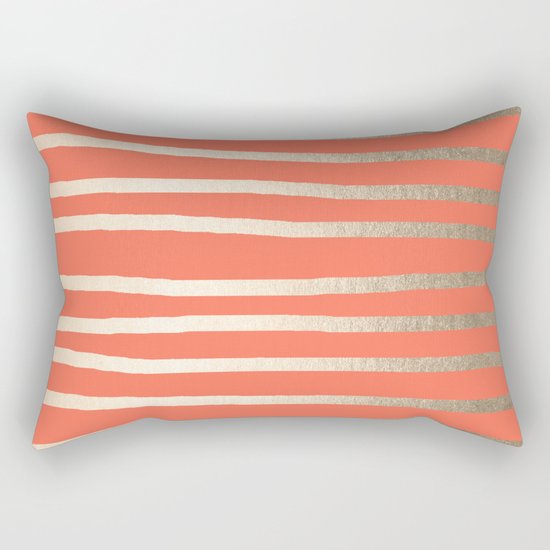 Simply Drawn Stripes in White Gold Sands on Deep Coral Rectangular Pillow