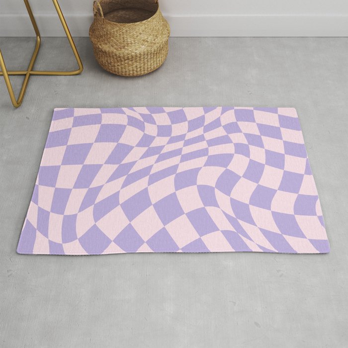 Warped Checkered Pattern in Pastel Blush Pink and Lavender  Rug