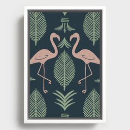 Palm Flamingos . Navy Framed Canvas
