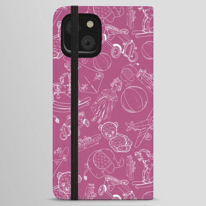 Magenta and White Toys Outline Pattern iPhone Wallet Case