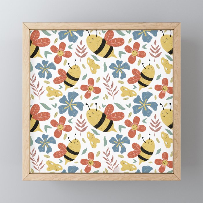 Cute Honey Bees and Flowers Framed Mini Art Print