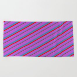 [ Thumbnail: Orchid, Blue, and Red Colored Lines/Stripes Pattern Beach Towel ]