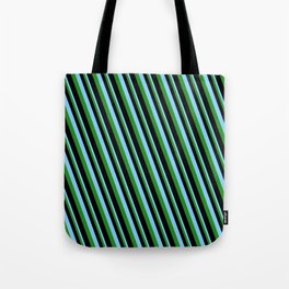 [ Thumbnail: Light Sky Blue, Forest Green & Black Colored Pattern of Stripes Tote Bag ]