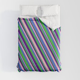 [ Thumbnail: Pink, Royal Blue, Lime Green, and Indigo Colored Lined/Striped Pattern Duvet Cover ]