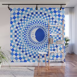 Checkered Moon with Blue Rays Wall Mural