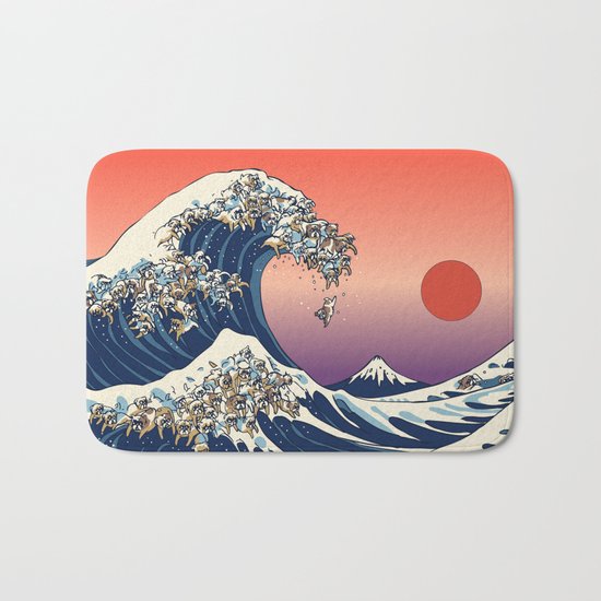 The Great Wave of English Bulldog Bath Mat