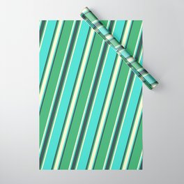 [ Thumbnail: Sea Green, Light Yellow, Turquoise, and Dark Slate Gray Colored Striped Pattern Wrapping Paper ]