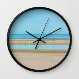 Seagulls on Beach Photo | Beige Blue Coastal Landscape Photography  Wall Clock