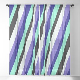 [ Thumbnail: Mint Cream, Slate Blue, Blue, Aquamarine & Black Colored Pattern of Stripes Sheer Curtain ]